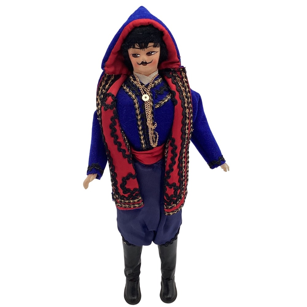Vintage Greek Souvenir Doll‎ Traditional Evzone Folk Costume Blue Felt 10 Inch